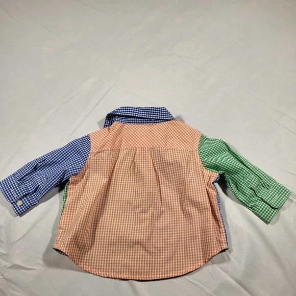 Chaps*Boy 3 Months*Button Up Shirt*Color Block*Gingham*Easter*Green*Blue - Picture 2 of 7